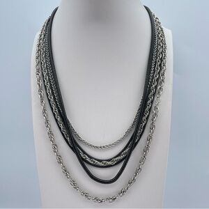 Multi-Strand Layered Silver & Black Chain Necklace 18”-22” Statement